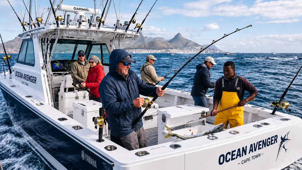 Deep Sea Fishing Cape Town - anglers fishing from a white charter boat off Cape Town with Table Mountain and Lion's Head behind, a deckhand in yellow waders gaffing a yellowtail at the stern Deep Sea Fishing Cape Town - anglers fishing from a white charter boat off Cape Town with Table Mountain and Lion's Head behind, a deckhand in yellow waders gaffing a yellowtail at the stern